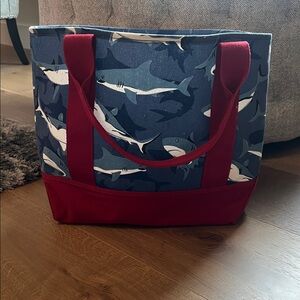 Pottery Barn Kids Shark Print Canvas Beach Tote with Red Trim